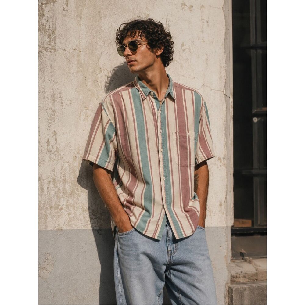 Vintage Santana 90s Striped Button Up Surf Skater Coastal Shirt Oversized L?